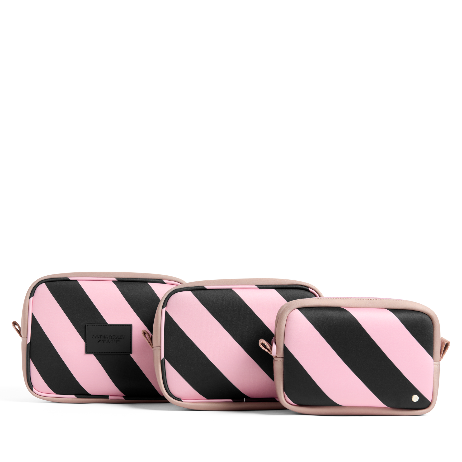 STATE x Cynthia Rowley Travel Pouch Set of Three Pink/Black Stripe