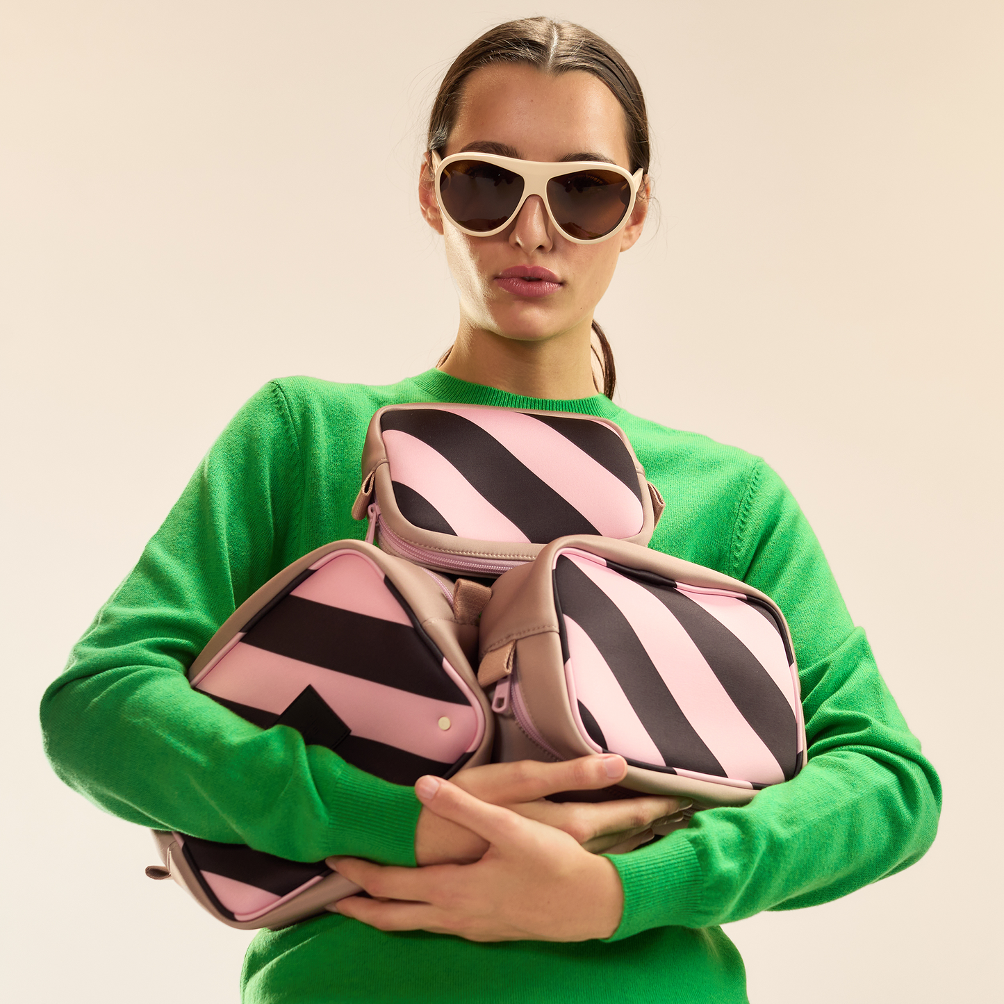 STATE x Cynthia Rowley Travel Pouch Set of Three Pink/Black Stripe