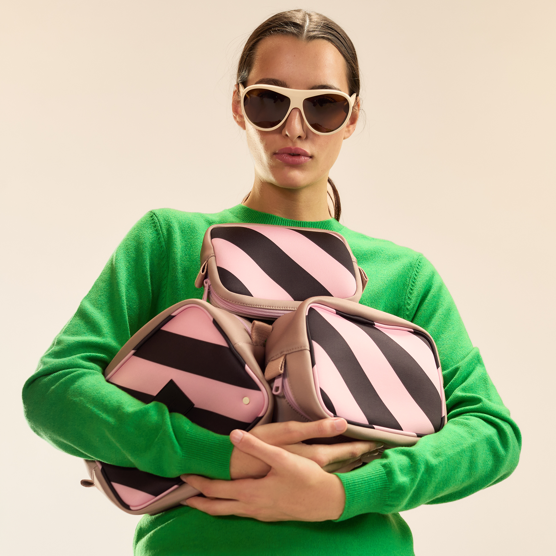 STATE x Cynthia Rowley Travel Pouch Set of Three Pink/Black Stripe